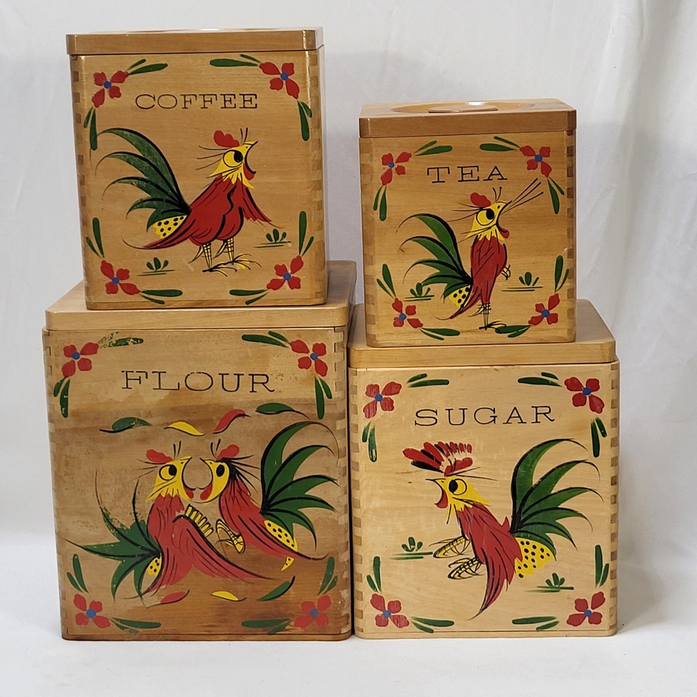 VTG Wood Rooster Dovetail Canister Set 4 Flour Sugar Coffee Tea MCM Nesting